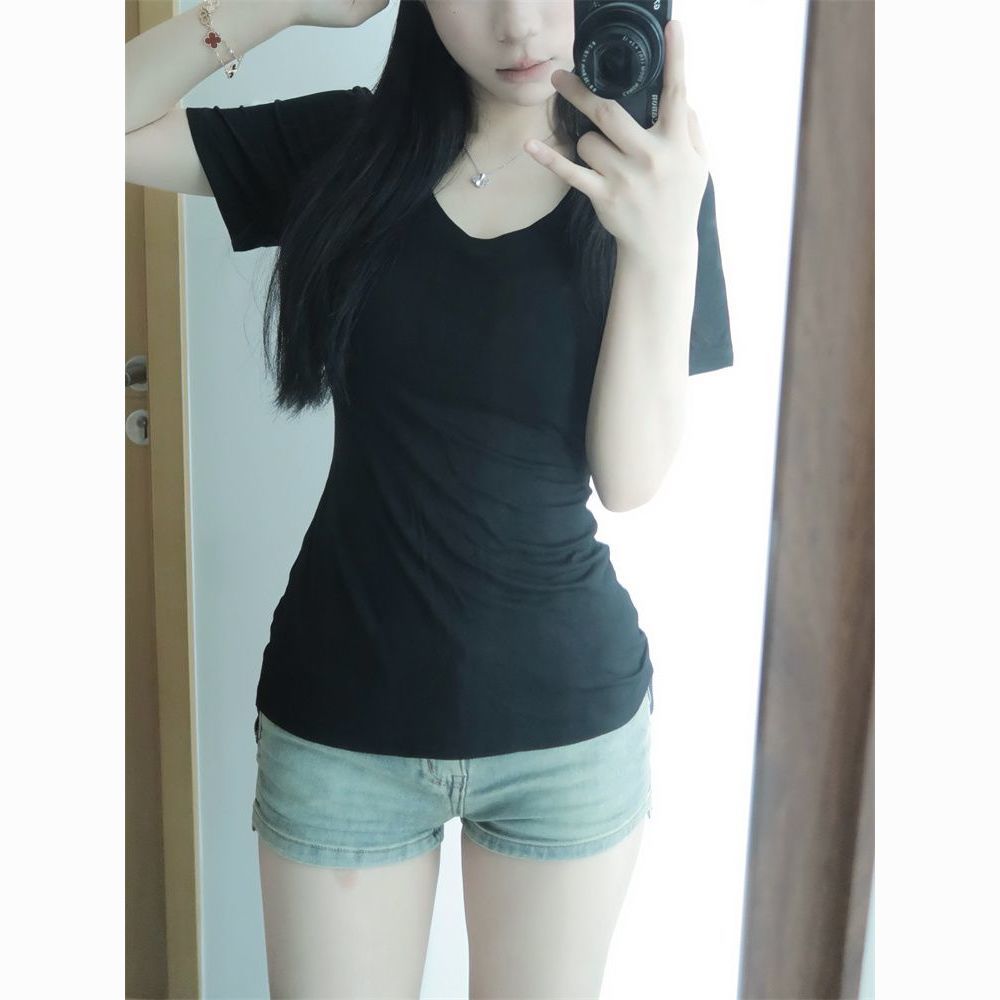Black V-neck right shoulder short-sleeved T-shirt for women summer new pure lust hot girl style slimming short top ins trend