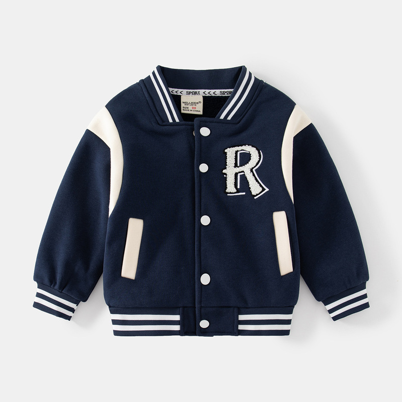 Autumn and winter casual boys' jackets, trendy velvet round-neck baseball uniforms, letter long-sleeved contrast striped warm jackets