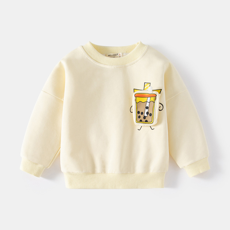 Milk tea pattern apricot children's sweatshirt, three-dimensional drink cup spring children's sweatshirt, long-sleeved crew neck pullover