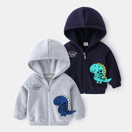 Cute children's trendy jackets for boys. Supply of boys' dinosaur patch hooded jackets. Handsome and full of casual jackets.