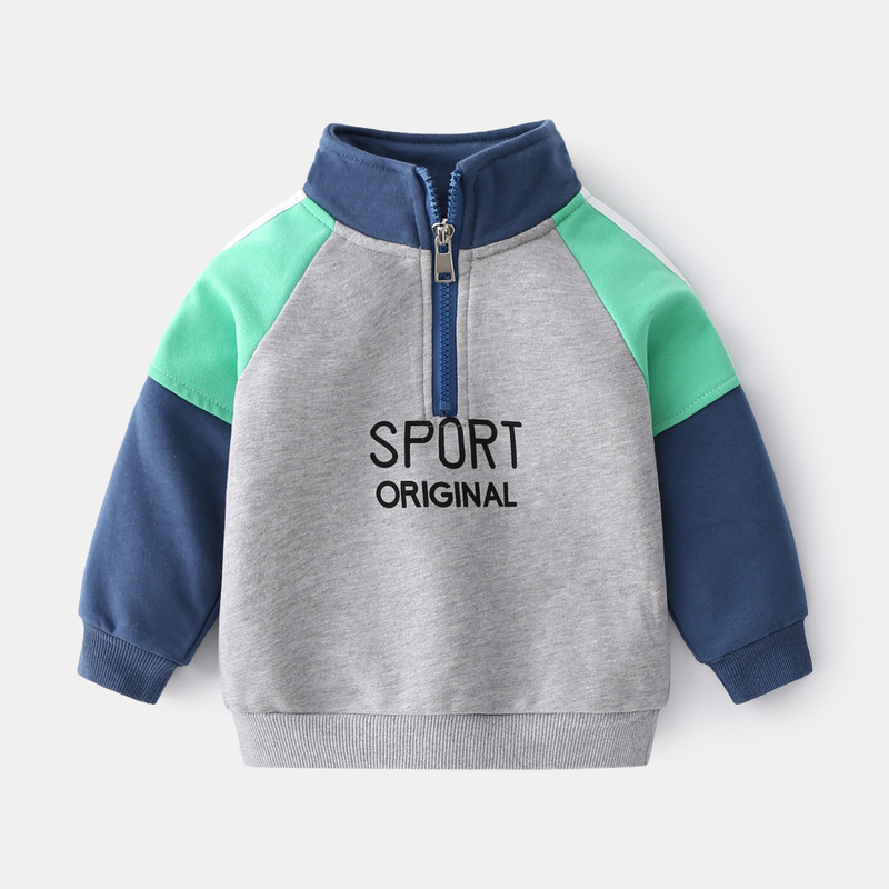 Spring spliced ​​sleeve pullover zipper collar boys' sweatshirt, new trendy sports and casual contrasting color trendy tops