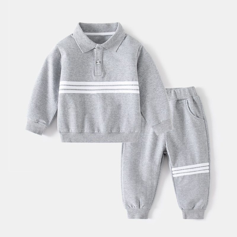 Gray striped spring new boys' long-sleeved sweatshirt suit Outdoor sports slapstick lapel children's sweatshirt suit