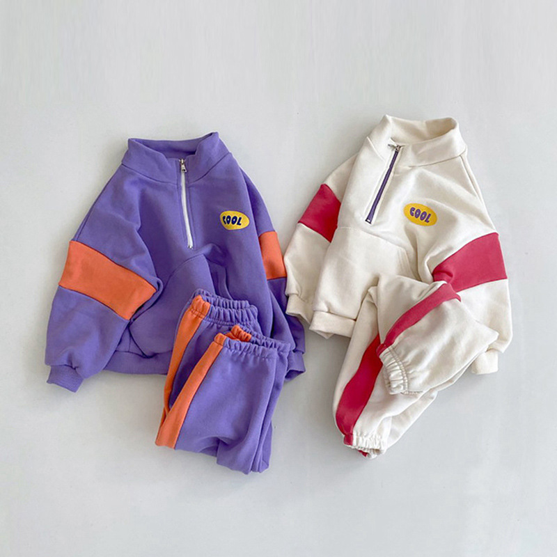 Korean style children's clothing autumn clothing for boys and girls sweatshirt set baby sports sweatpants two-piece set retro color matching school uniform