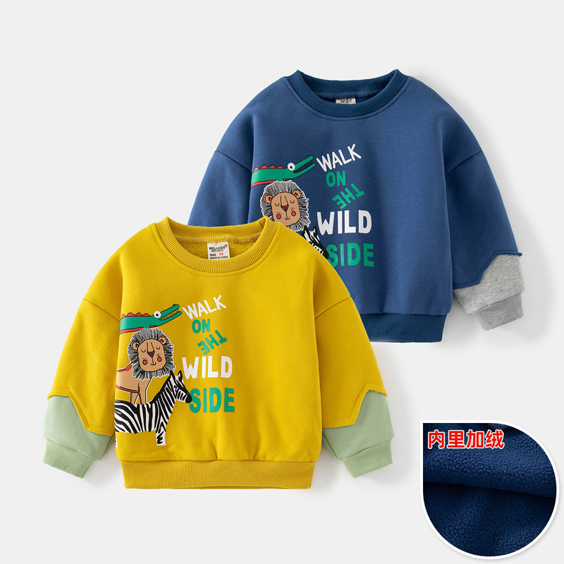 Fashionable autumn and winter new children's fleece sweatshirts, animal print long-sleeved pullovers, contrasting color round neck warm sweatshirts