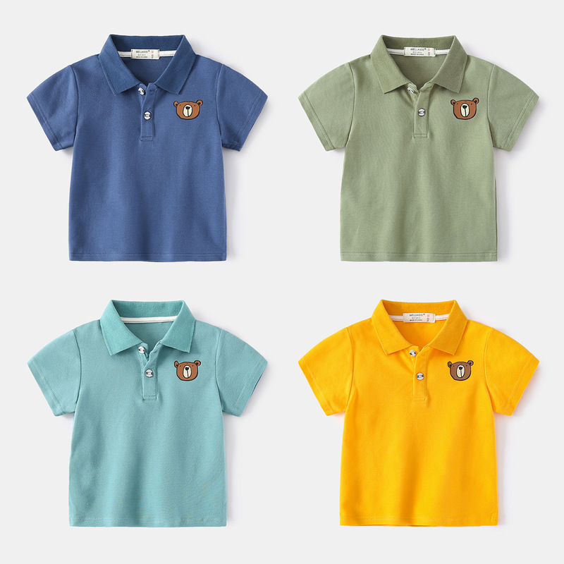 Summer boys' short-sleeved POLO shirt, cartoon cotton hooded T-shirt, multi-color bear casual children's short-sleeved clothing