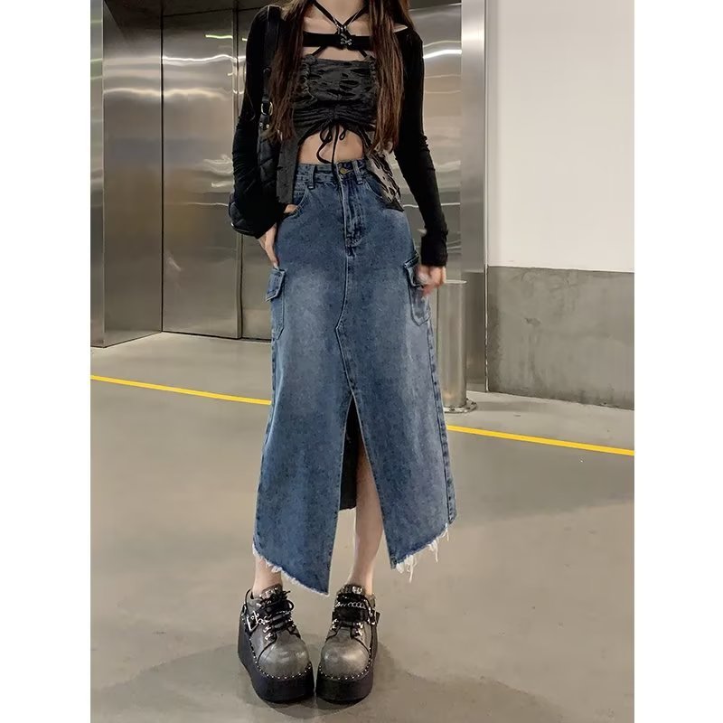 Slit denim skirt women's new hip-covering retro Hong Kong style A-line mid-length small butt-covering long skirt