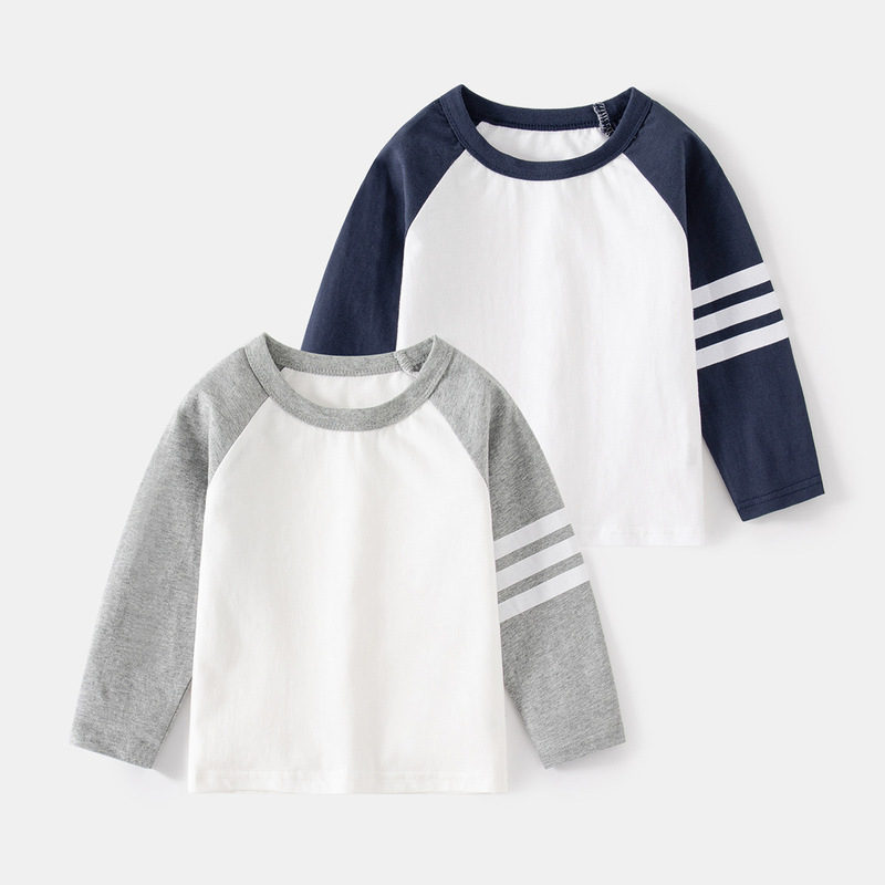 Off-white striped spring boys' long-sleeved T-shirt Moisture-wicking round neck long-sleeved cotton casual children's long-sleeved