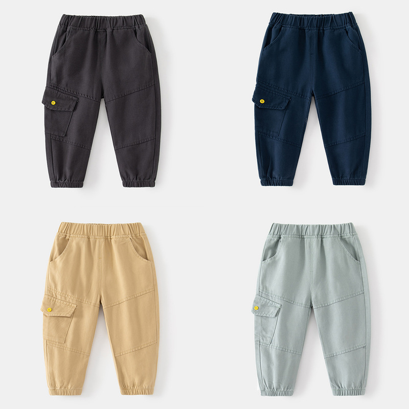 Boys' autumn and winter workwear, large pockets, rubber band belt casual pants, trendy cotton comfortable and warm leg-length pants