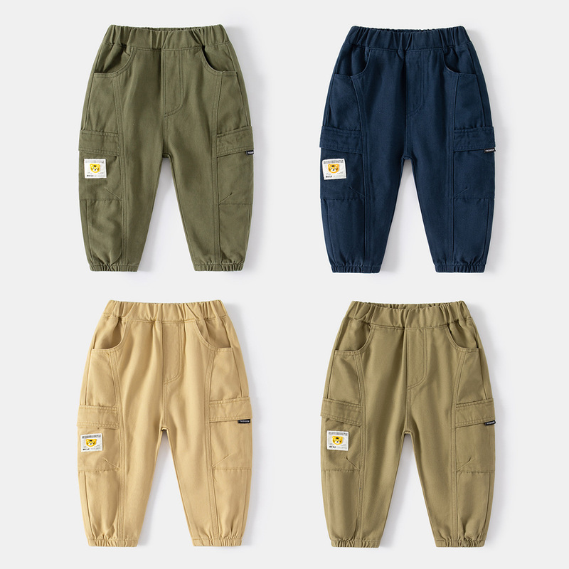 Military green trendy casual mid-waist cotton fabric rubber band waistband trouser legs creative label boys overalls