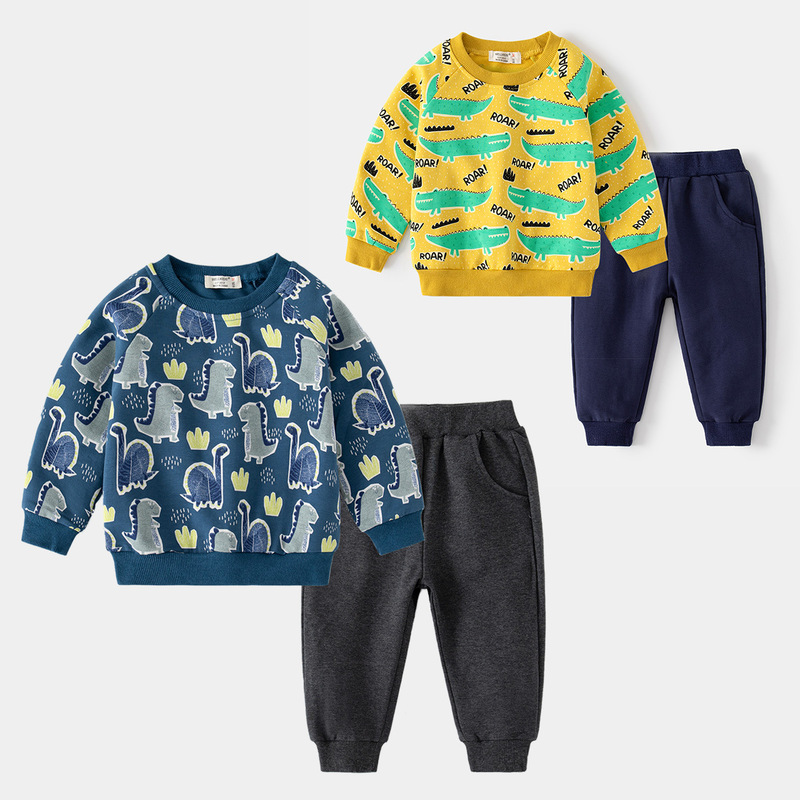 Autumn boys sweatshirt and sweatpants printed casual suit trendy contrasting color cartoon long-sleeved two-piece sweatshirt suit