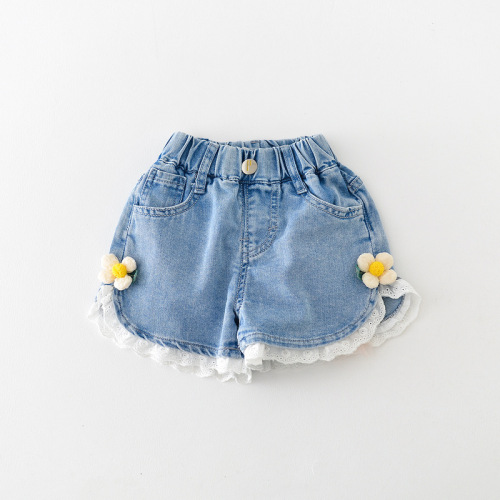 Summer new baby children's clothing girls sweet shorts for children and middle-aged children lace flower thin denim hot pants