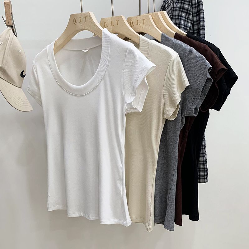 Solid color short-sleeved T-shirt for women, slim-fitting, threaded, summer exposed collarbone, low collar, all-match bottoming shirt, right shoulder, large neckline, u-neck top