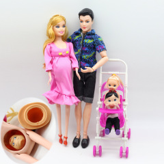 Doll family set little girl + little boy + pregnant mother + father + stroller pregnancy doll set toy