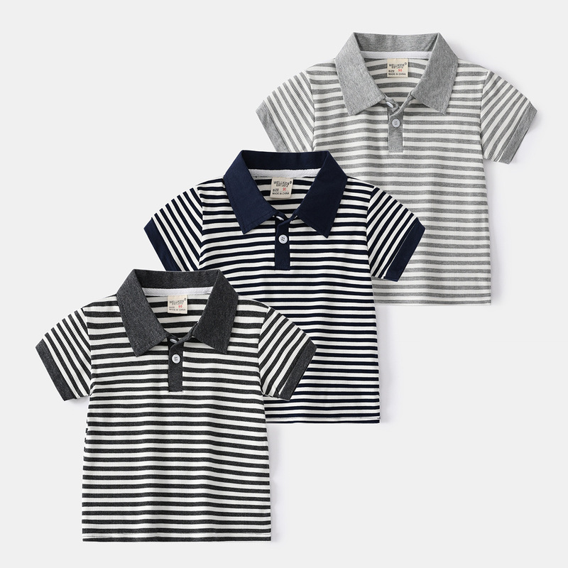 Boys' short-sleeved POLO shirt, summer striped cotton short-sleeved, children's trendy lapel short-sleeved T-shirt