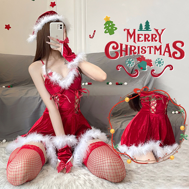 Dormila Christmas costume sexy cosplay anchor Internet celebrity strap sexy slim sexy plush dress