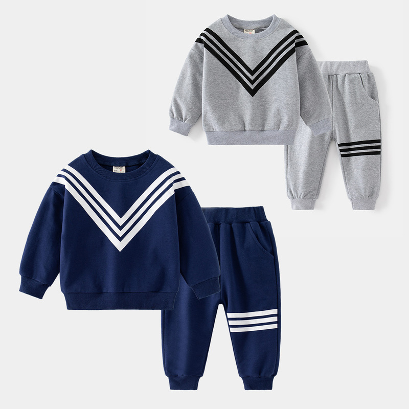 Autumn new boys' V-shaped pattern long-sleeved suit casual navy gray round neck sports two-piece suit