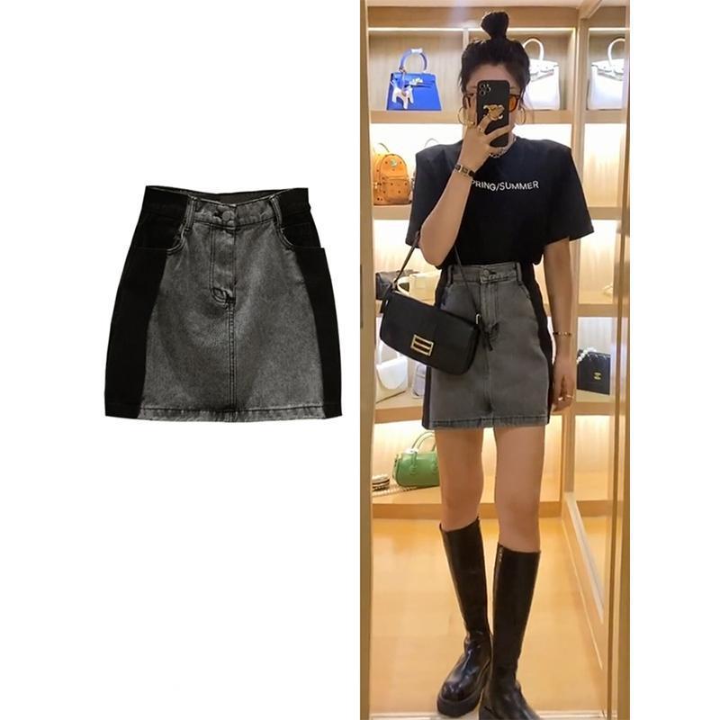 Plus size spring and summer pear-shaped figure cover-up contrasting color denim skirt for fat girl high-waisted A-line slimming short skirt for women