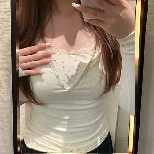 Pure desire bm fake two-piece spliced ​​floral long-sleeved T-shirt for women in spring and autumn slimming bottoming shirt with trendy top