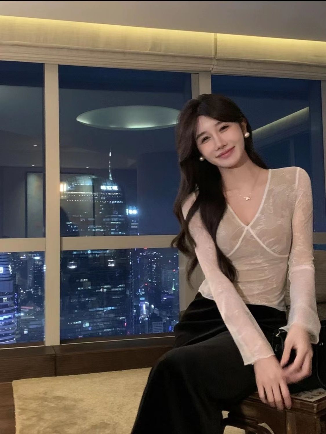 [Drunk Among Flowers] European and American style V-neck lace bottoming shirt with versatile design and fake two-piece top 80522