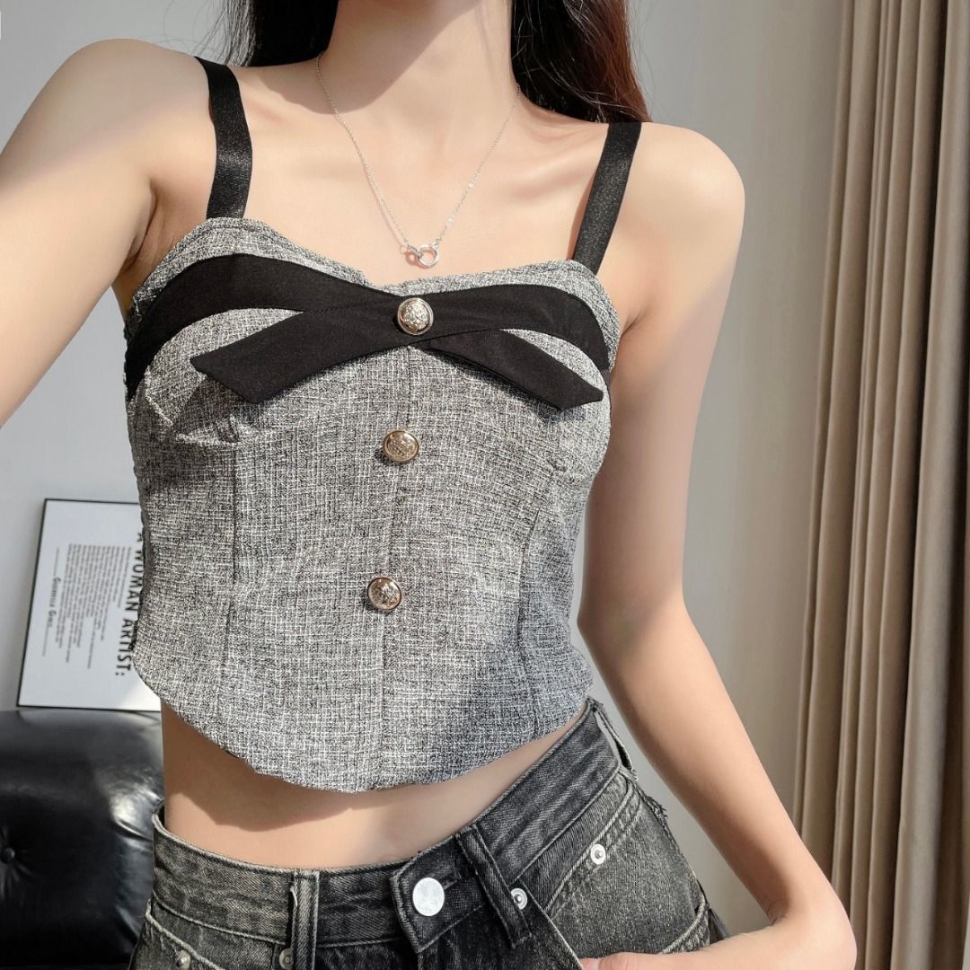Small fragrant bow-knot short camisole for women in summer sweet and hot girls sexy outer wear irregular fishbone tops