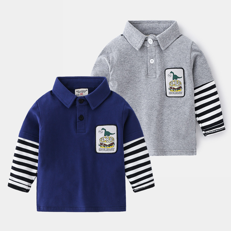Boys' spliced ​​sleeve long-sleeved T-shirt spring and autumn new children's clothing Korean version cartoon long-sleeved T-shirt baby trendy