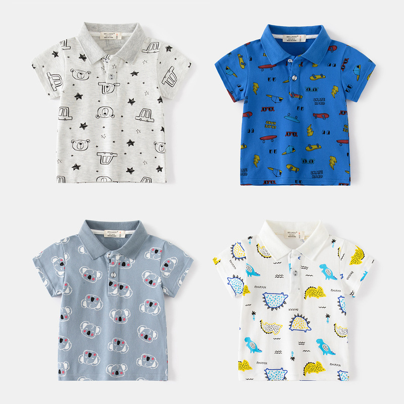 New dinosaur pattern boys' short-sleeved POLO shirt. Mist blue cute lapel children's short-sleeved POLO shirt.
