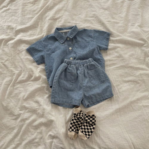 Korean version of ins infant and toddler male and female baby short-sleeved denim shirt shorts suit summer fashionable two-piece set
