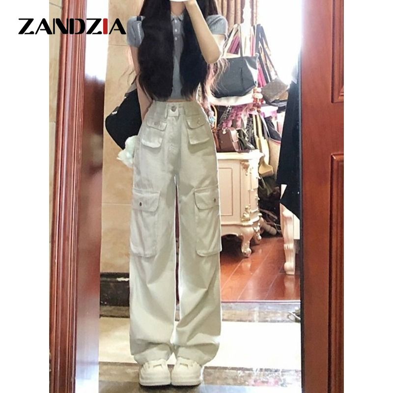 American high street white denim overalls for women autumn 2023 new retro multi-pocket loose wide-leg casual pants