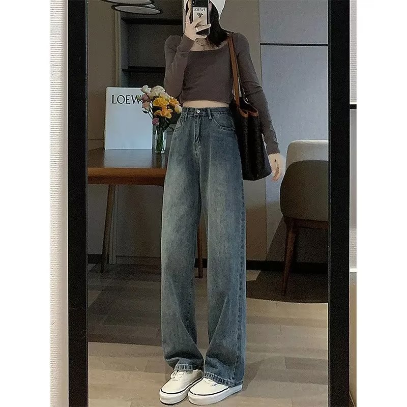 Retro large size jeans for women in spring and autumn, loose, wide-legged, high-waisted, slim, straight, small, drapey floor-length pants