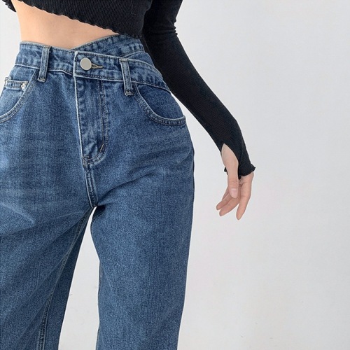 Jeans women's irregular cross new style retro high waist summer loose straight leg slimming drape wide leg floor mopping pants