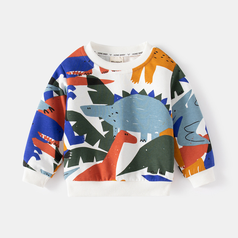 Spring trendy boys' pullover sweatshirts, dinosaur pattern printed casual sweatshirts, comfortable and loose children's sweatshirts