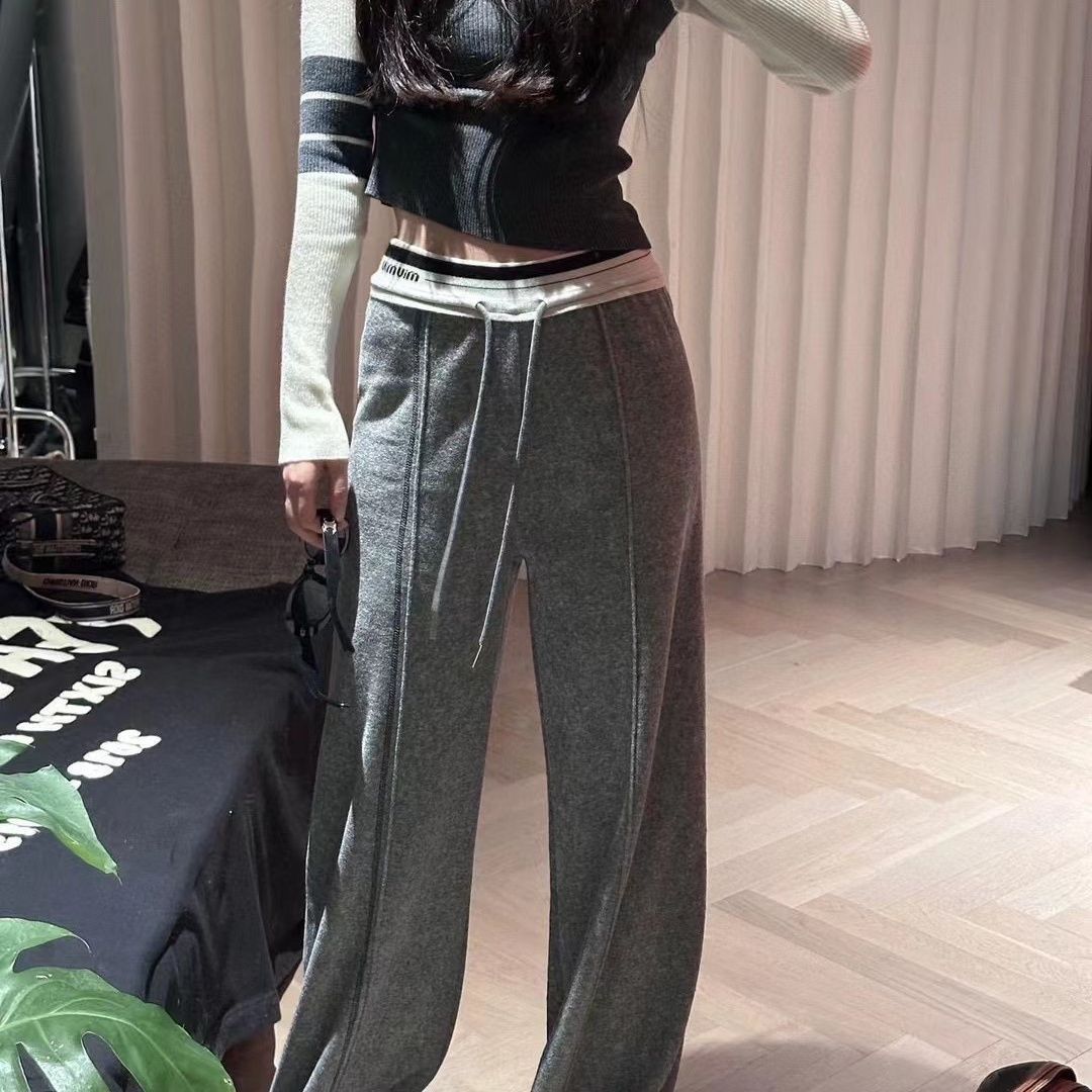 2024 Spring New Drapey Lazy Pants Women's Sweatpants High Waist Splicing Slimming Straight Floor-Mopping Casual Wide Leg Pants