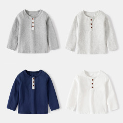 Spring new round neck boys' long-sleeved T-shirt, solid color comfortable cotton children's T-shirt, collar button boy's casual T-shirt