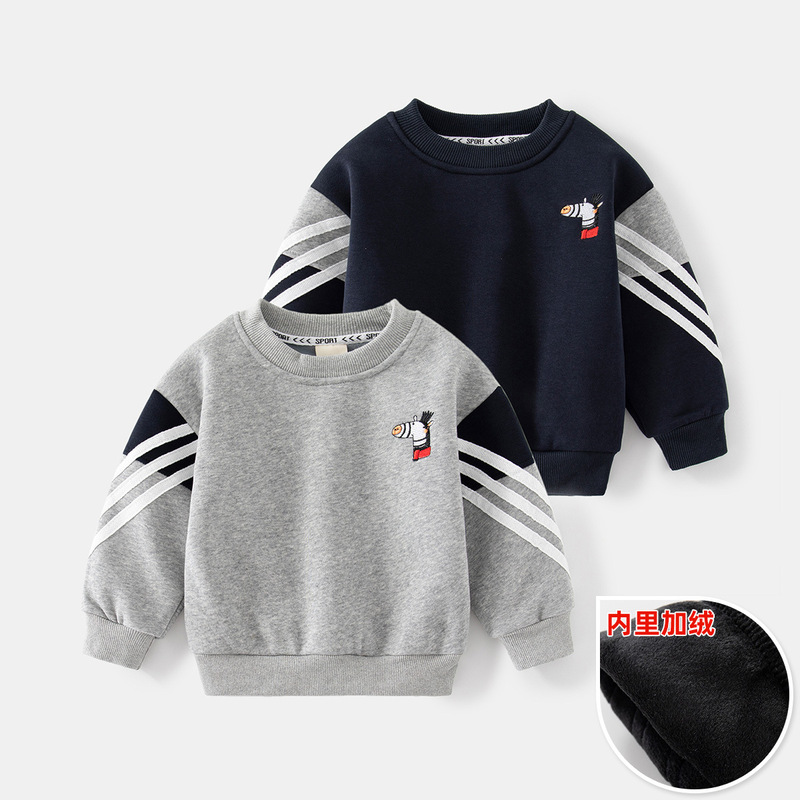 Plush autumn and winter boys' round neck cartoon print long-sleeved sweatshirt Casual white striped warm pullover sweatshirt