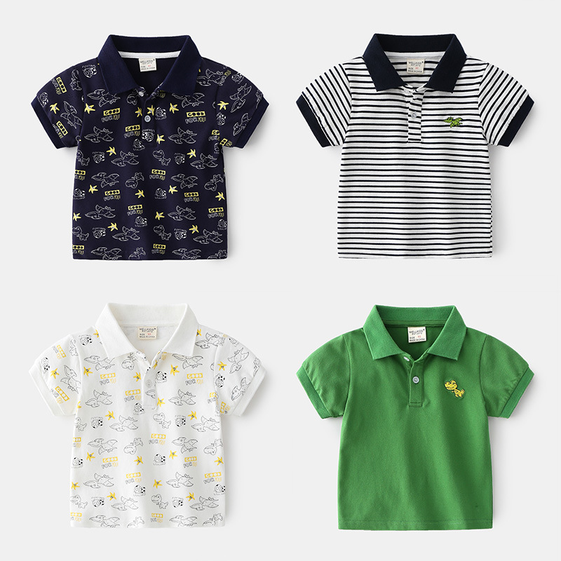 Summer cotton short-sleeved POLO shirt for small and medium-sized boys, soft moisture-wicking cartoon pattern short-sleeved shirt