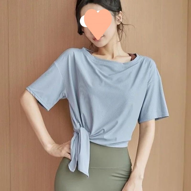 Sports short-sleeved women's loose shirt quick-drying running training fitness yoga wear thin slit round neck top women's summer