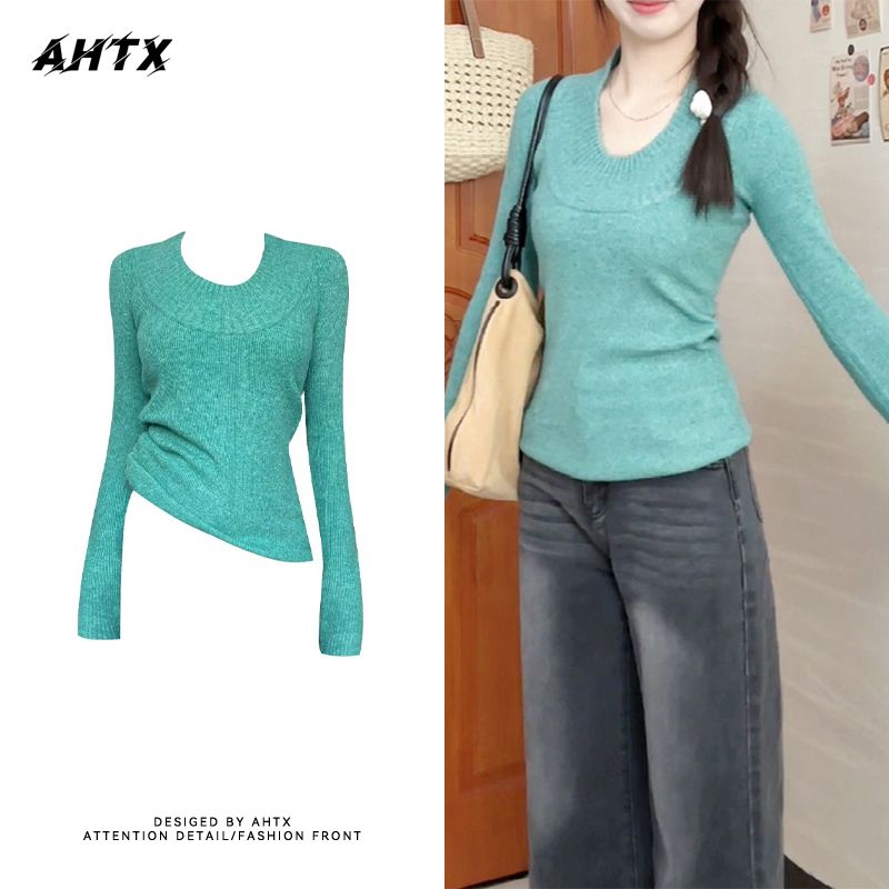 French U-neck sweater for women spring 2024 new slim fit inner layer with unique and beautiful bottoming shirt top