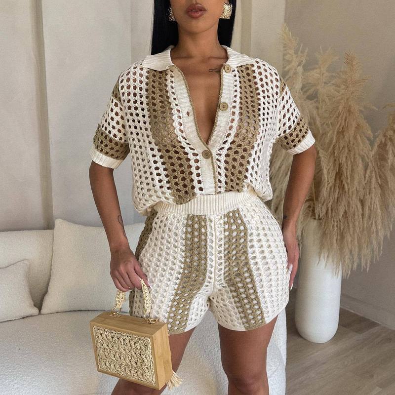 Amazon AliExpress hot selling European and American clothing sexy ladies hollow see-through lapel knitted shorts suit
