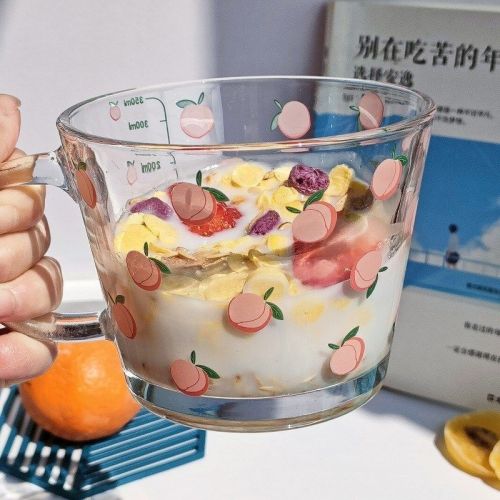 Cute glass breakfast cup female coffee milk oatmeal water cup children's ins style household scale cup with lid