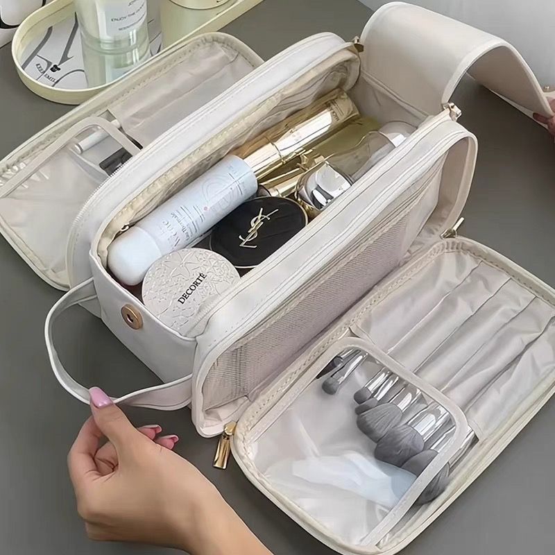 Super capacity double zipper women's cosmetic bag large capacity 2023 new portable travel makeup brush toiletries storage bag