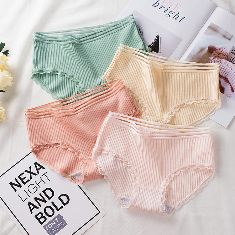 Factory direct sales lace Japanese women's underwear striped thread mid-waist large size pure cotton women's briefs