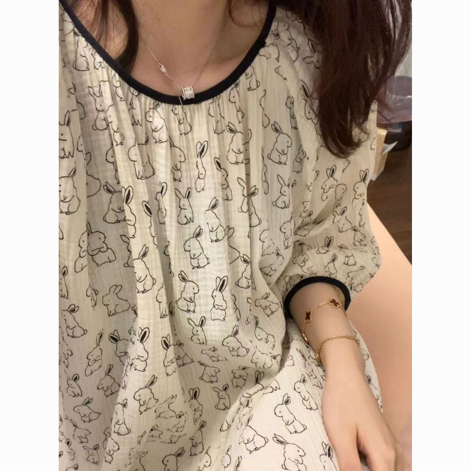 Pajamas for women spring and summer new sweet nightgown cotton gauze girls home clothes cute bunny pajamas women summer skirt