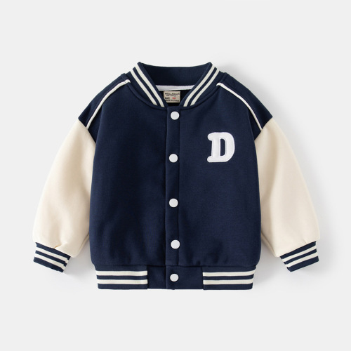 Warm velvet boy's V-neck baseball uniform Navy handsome letter casual children's clothing Single-breasted casual baseball uniform