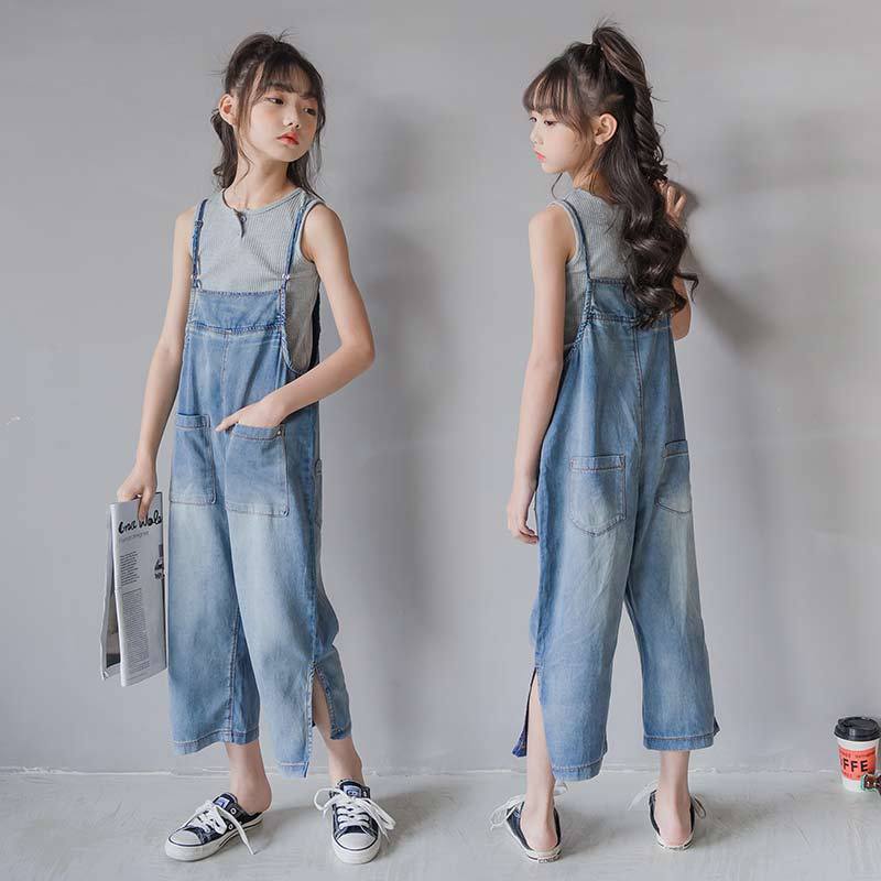 Girls overalls new summer style Korean style children's clothing girls Tencel casual children's overalls straight-leg distressed