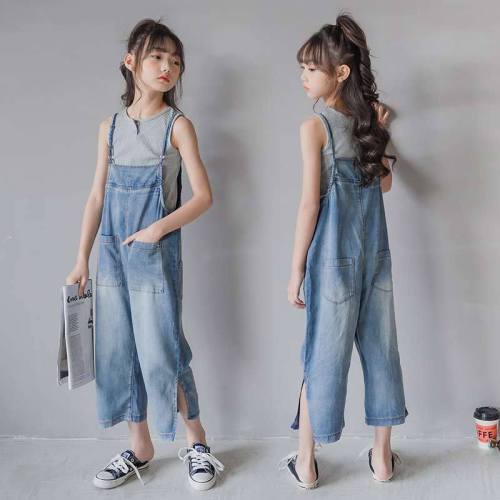 Girls overalls new summer style Korean style children's clothing girls Tencel casual children's overalls straight-leg distressed