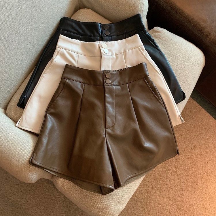 Girls PU Leather Pants Spring and Autumn New Solid Color Casual Short Korean Style Elastic Waist Two Buttons Medium and Big Children Fashion Leather Pants