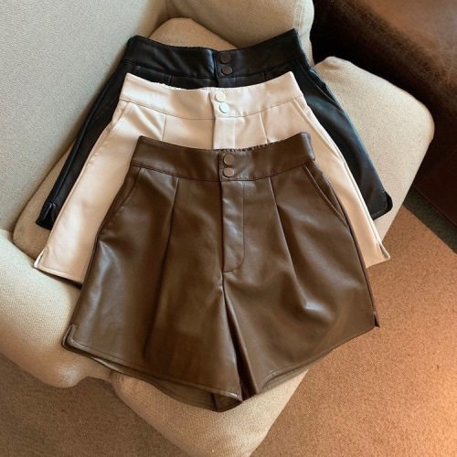 Girls PU Leather Pants Spring and Autumn New Solid Color Casual Short Korean Style Elastic Waist Two Buttons Medium and Big Children Fashion Leather Pants