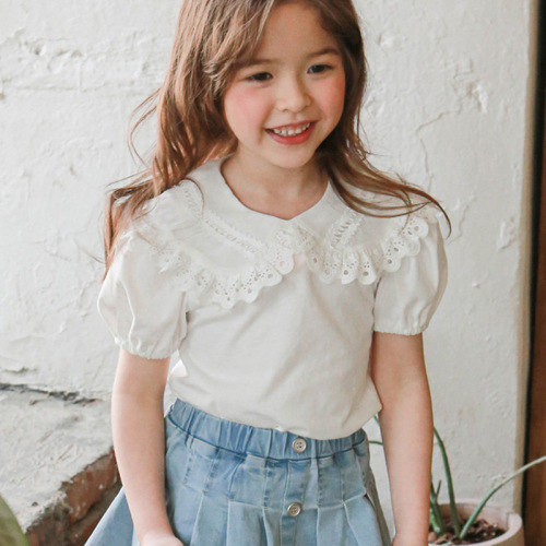 2024 Summer Strawberry Shan Korean Children's Clothing Children's Girls Lace Large Lapel T-Shirt