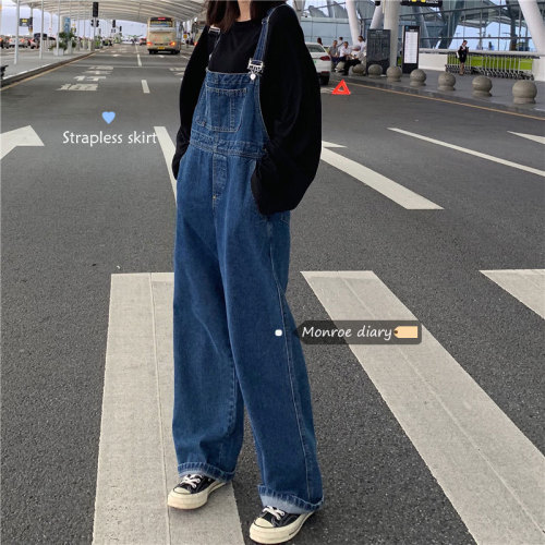 2024 Spring and Summer New Korean Style Loose Age-reducing Denim Overalls Women's Slim Pants Jumpsuit High Waisted Wide Leg Pants