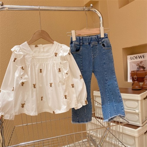 Girls shirt suit new children's square collar lace embroidered bear shirt Korean style children's clothing trendy HH119